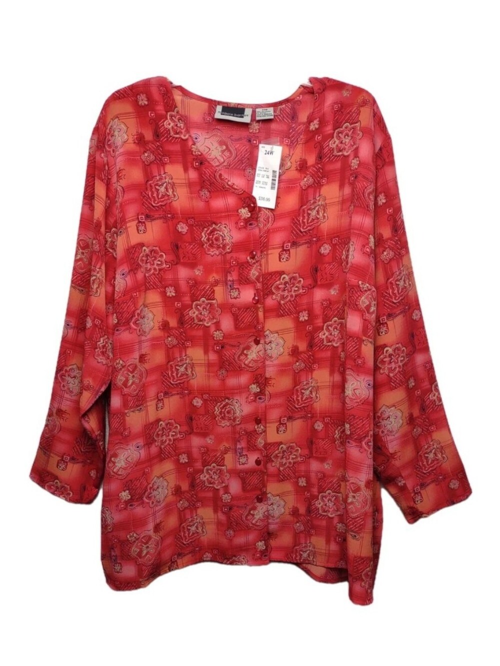 Maggie Barnes Red Floral-Print Button Front Blouse 24W